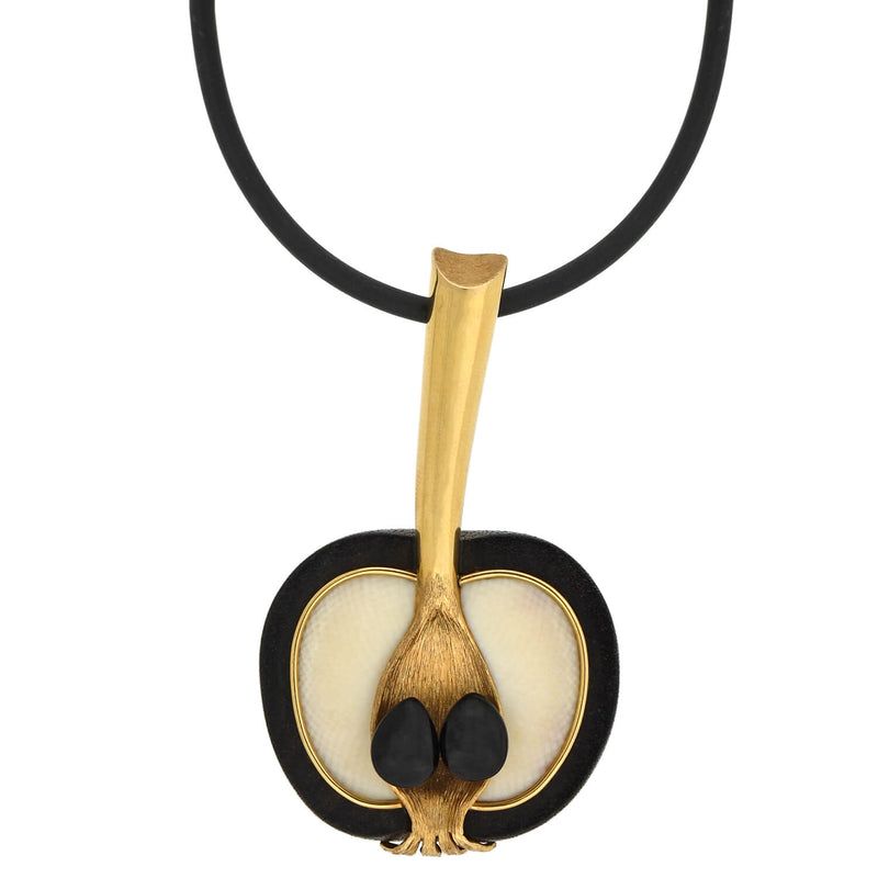 Vintage Large 18kt Ivory, Wood + Onyx Apple Pendant Necklace 30"