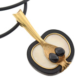 Vintage Large 18kt Ivory, Wood + Onyx Apple Pendant Necklace 30"