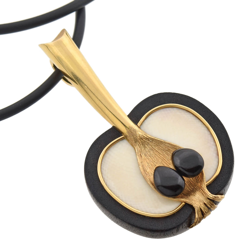 Vintage Large 18kt Ivory, Wood + Onyx Apple Pendant Necklace 30"