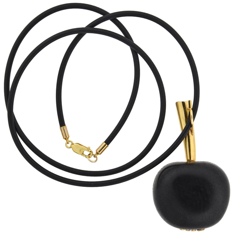 Vintage Large 18kt Ivory, Wood + Onyx Apple Pendant Necklace 30"