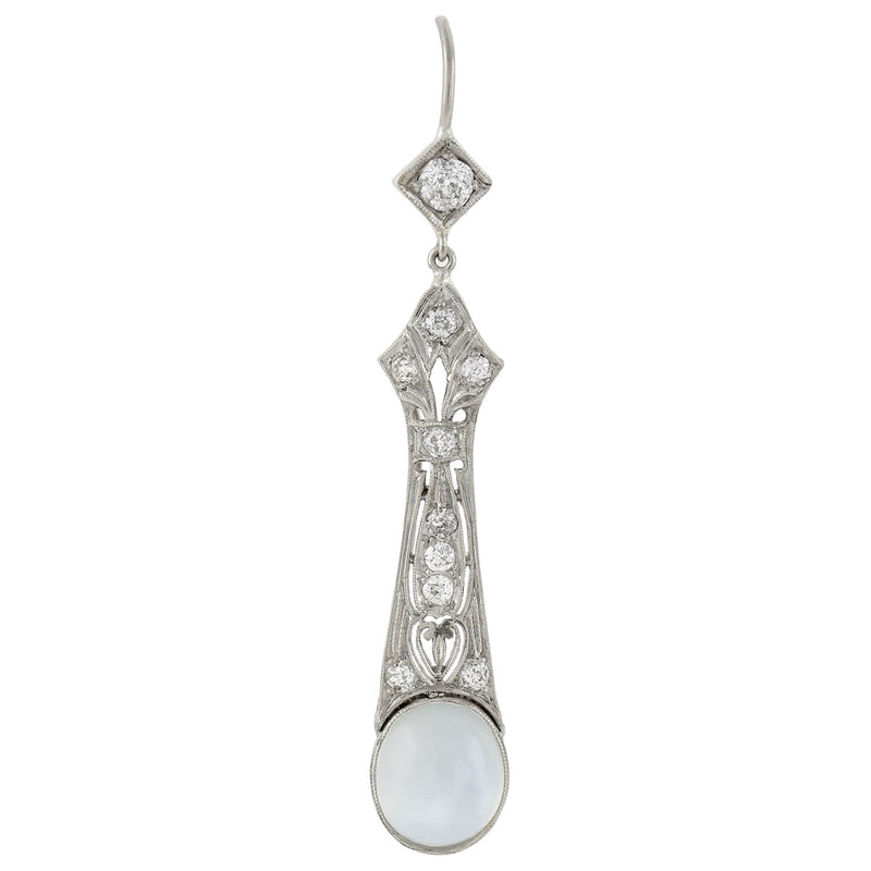Art Deco Platinum Diamond + Moonstone Drop Earrings 1.10ctw