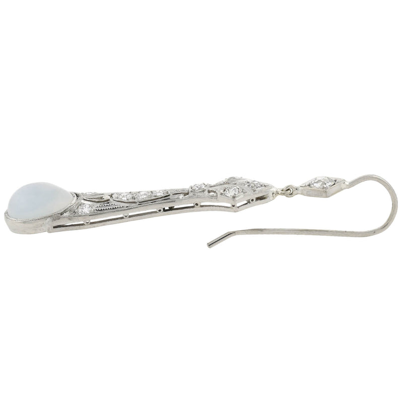 Art Deco Platinum Diamond + Moonstone Drop Earrings 1.10ctw