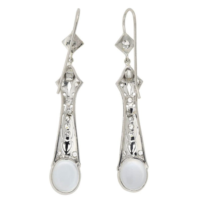 Art Deco Platinum Diamond + Moonstone Drop Earrings 1.10ctw