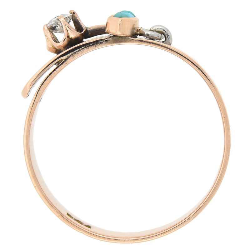Victorian 14kt Turquoise + Diamond Belt Motif Ring
