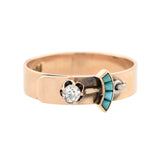 Victorian 14kt Turquoise + Diamond Belt Motif Ring