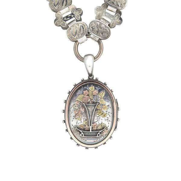 Victorian Sterling Mixed Metals Flower Locket + Book Chain Necklace