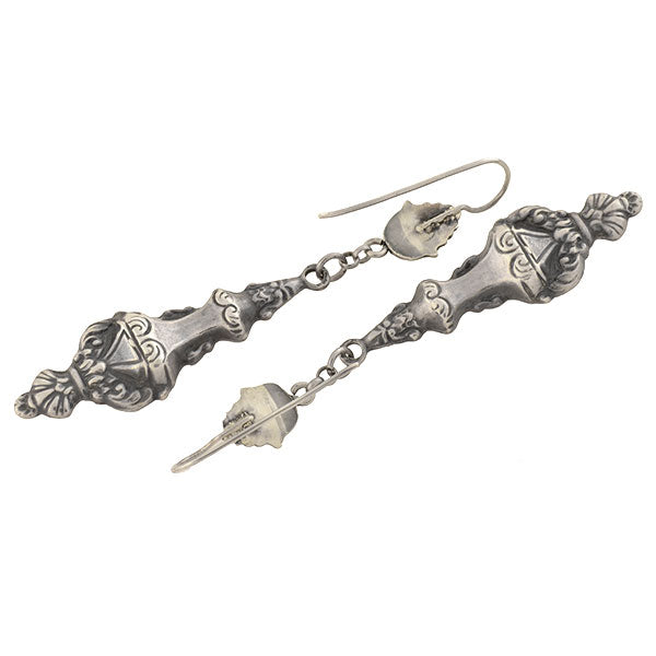 Victorian Long Sterling Silver Repoussé Vessel Earrings