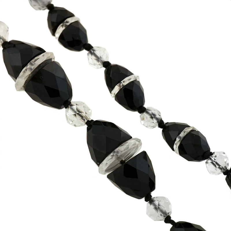 Art Deco Onyx + Rock Quartz Crystal Necklace 33"