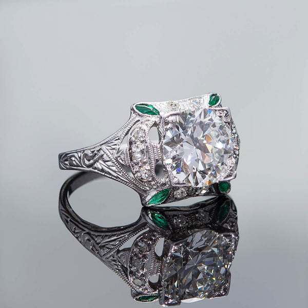 Art Deco Platinum Diamond + Emerald Engagement Ring 1.78ct