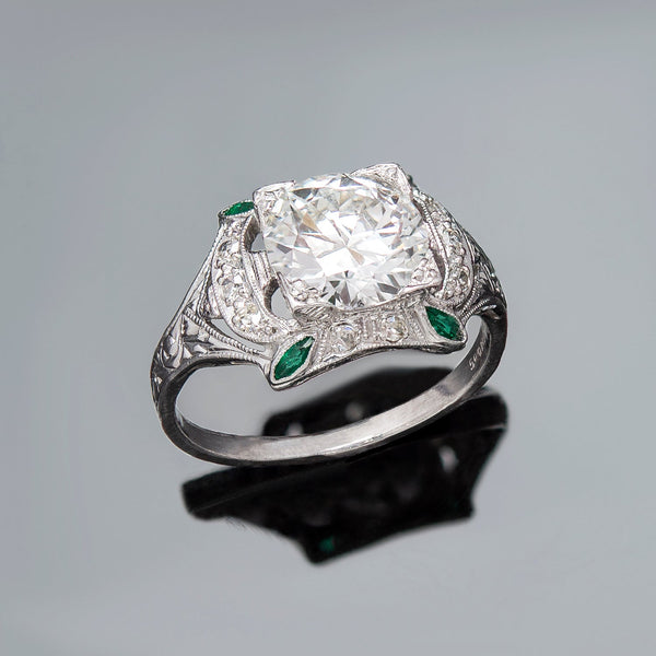 Art Deco Platinum Diamond + Emerald Engagement Ring 1.78ct