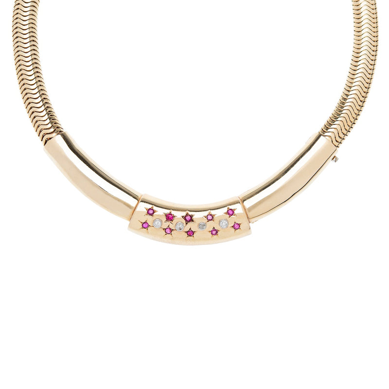 Retro 14k Gold Diamond + Ruby Gooseneck Chain Necklace