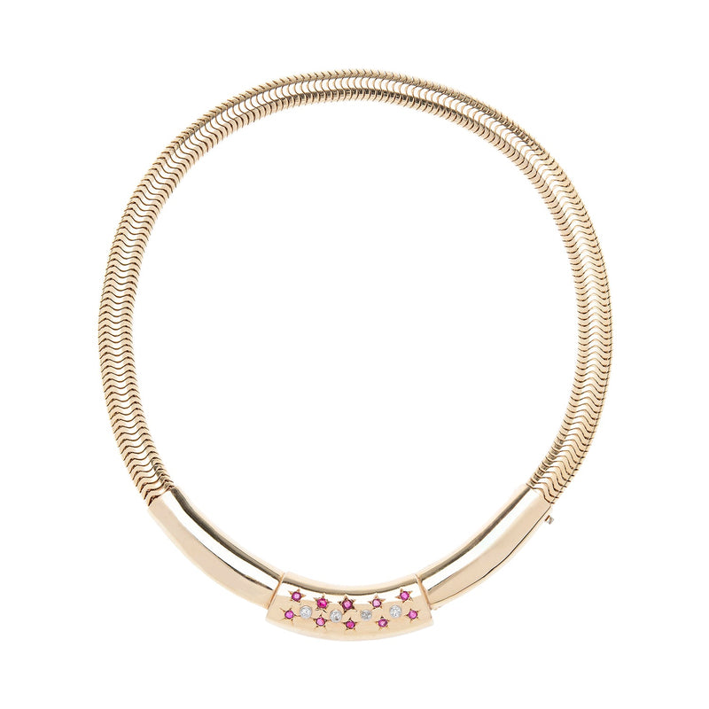 Retro 14k Gold Diamond + Ruby Gooseneck Chain Necklace