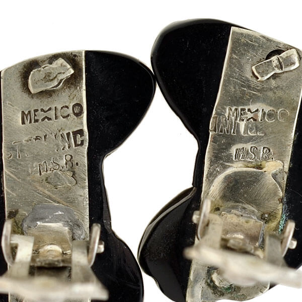 Vintage Signed Mexican Sterling Onyx Clip On Earrings