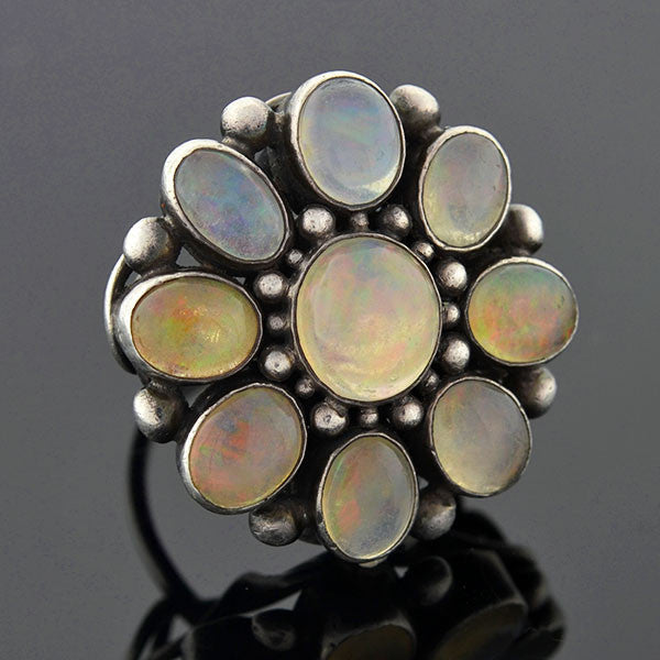 Retro Signed Mexican Sterling Jelly Opal Cluster Ring