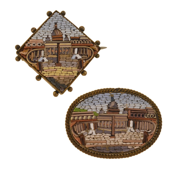 Victorian Gold-Filled Micro Mosaic Vatican City Pin Set