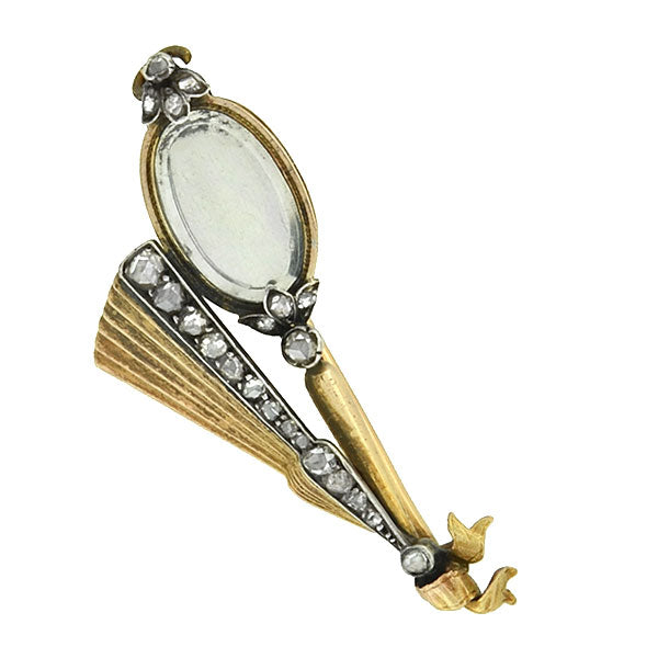Art Deco 14kt/Silver Rose Cut Diamond "Fan & Hand Mirror" Pin