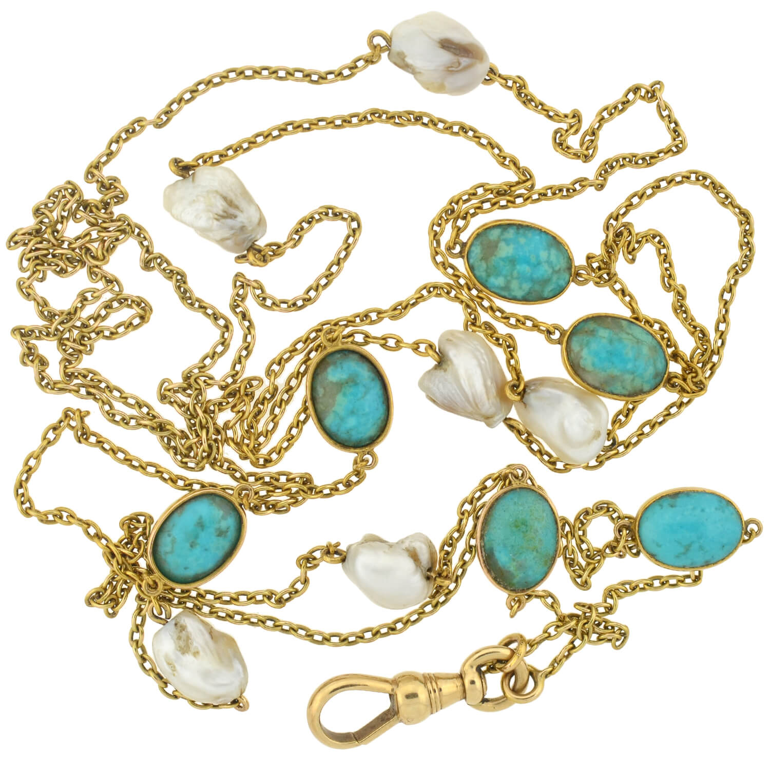 Victorian Long 14kt Turquoise + Mississippi River Pearl Chain Necklace 48"