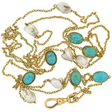 Victorian Long 14kt Turquoise + Mississippi River Pearl Chain Necklace 48"