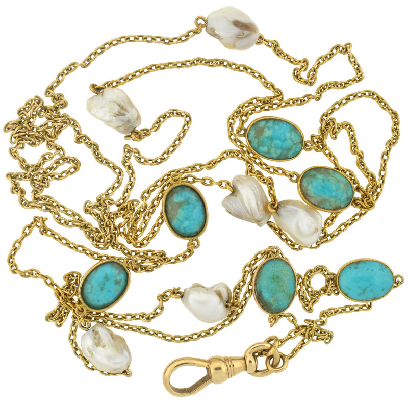 Victorian Long 14kt Turquoise + Mississippi River Pearl Chain Necklace 48"