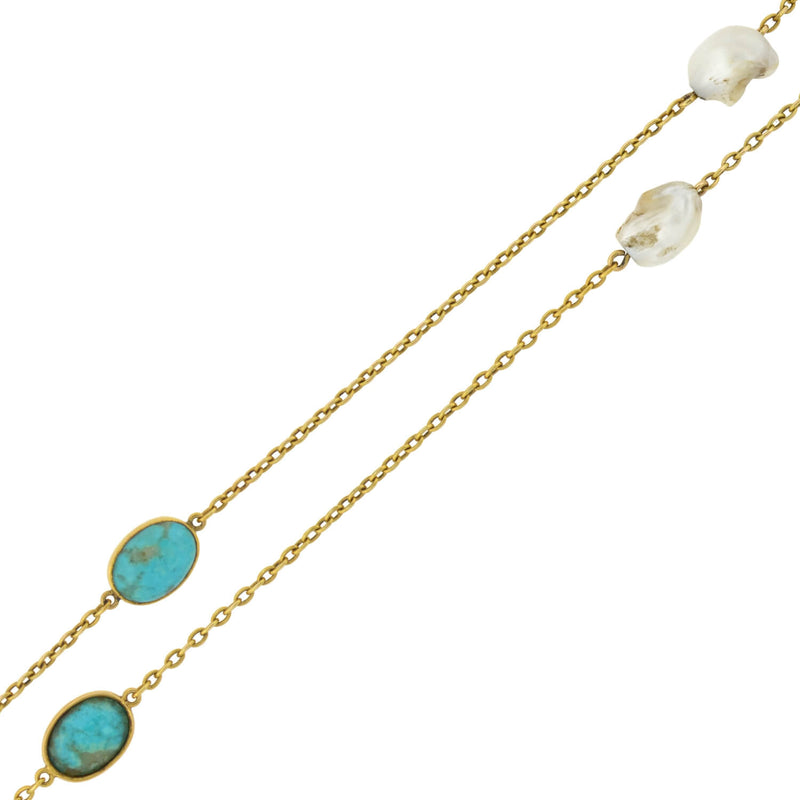 Victorian Long 14kt Turquoise + Mississippi River Pearl Chain Necklace 48"