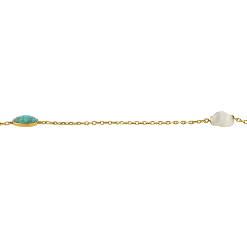 Victorian Long 14kt Turquoise + Mississippi River Pearl Chain Necklace 48"
