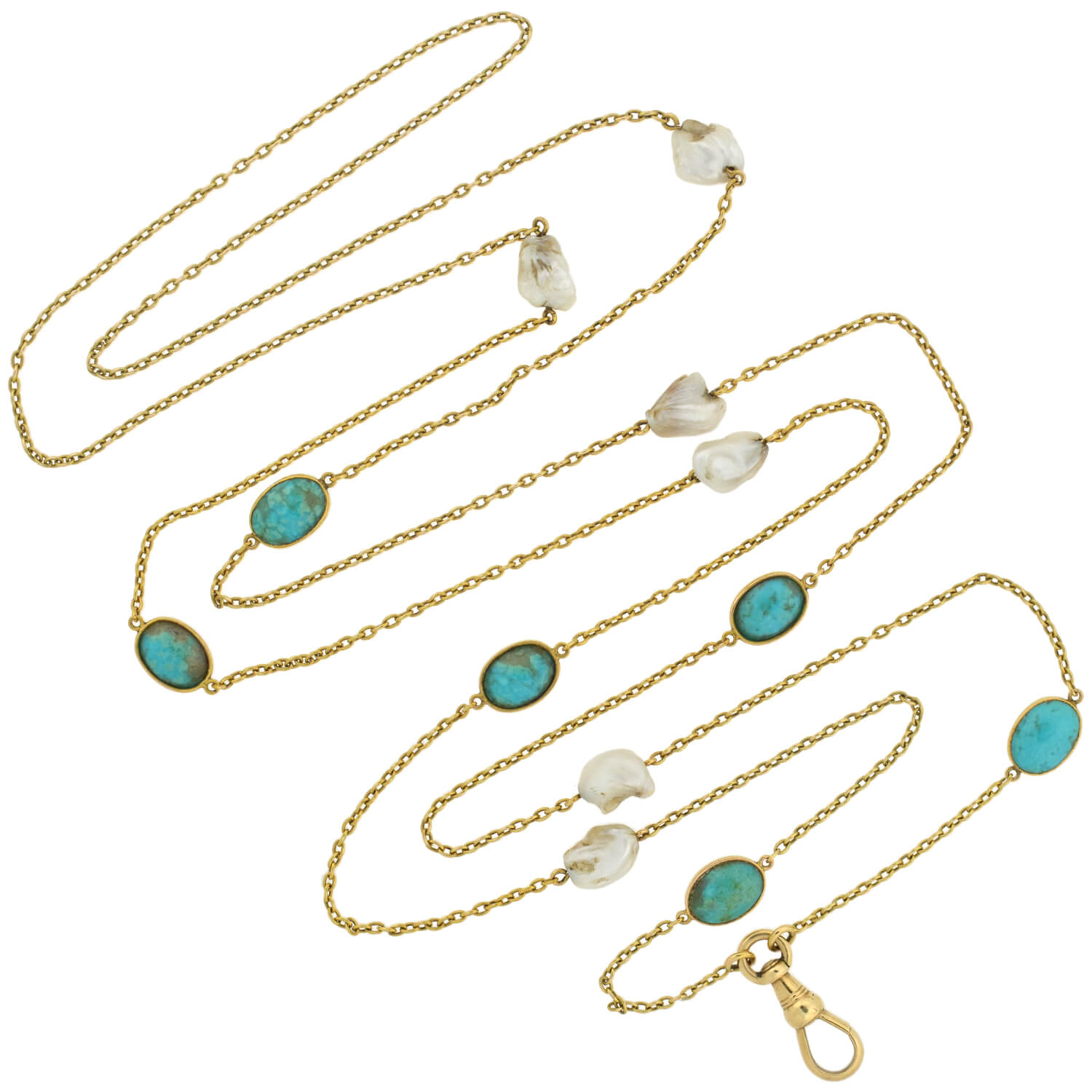 Victorian Long 14kt Turquoise + Mississippi River Pearl Chain Necklace 48"
