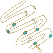 Victorian Long 14kt Turquoise + Mississippi River Pearl Chain Necklace 48"