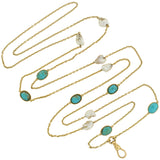 Victorian Long 14kt Turquoise + Mississippi River Pearl Chain Necklace 48"