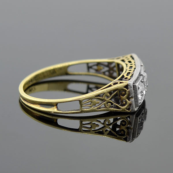 Edwardian 14kt Mixed Metals Diamond 3-Stone Filigree Ring .30ctw