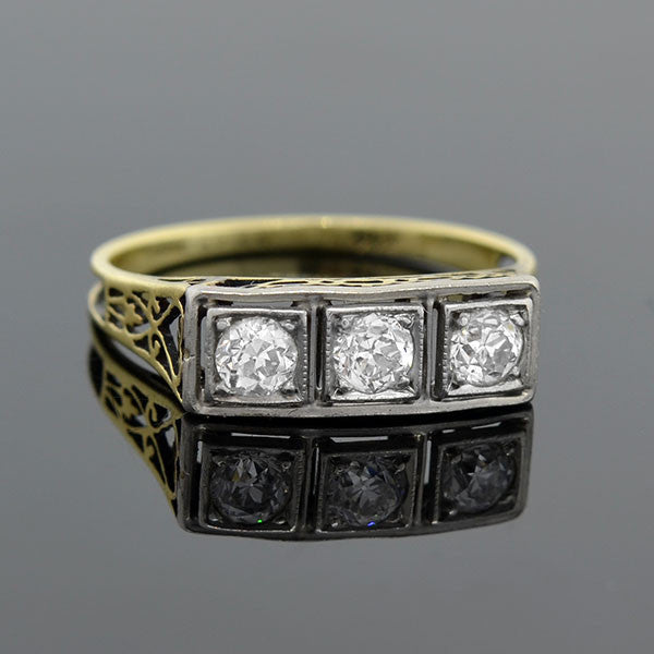 Edwardian 14kt Mixed Metals Diamond 3-Stone Filigree Ring .30ctw