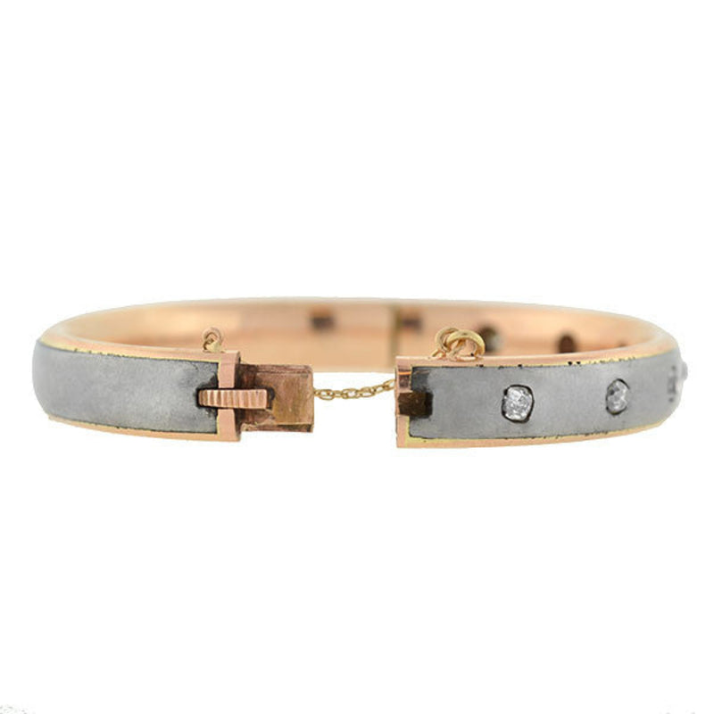 Victorian 14kt Rose Gold Steel Diamond Bangle Bracelet