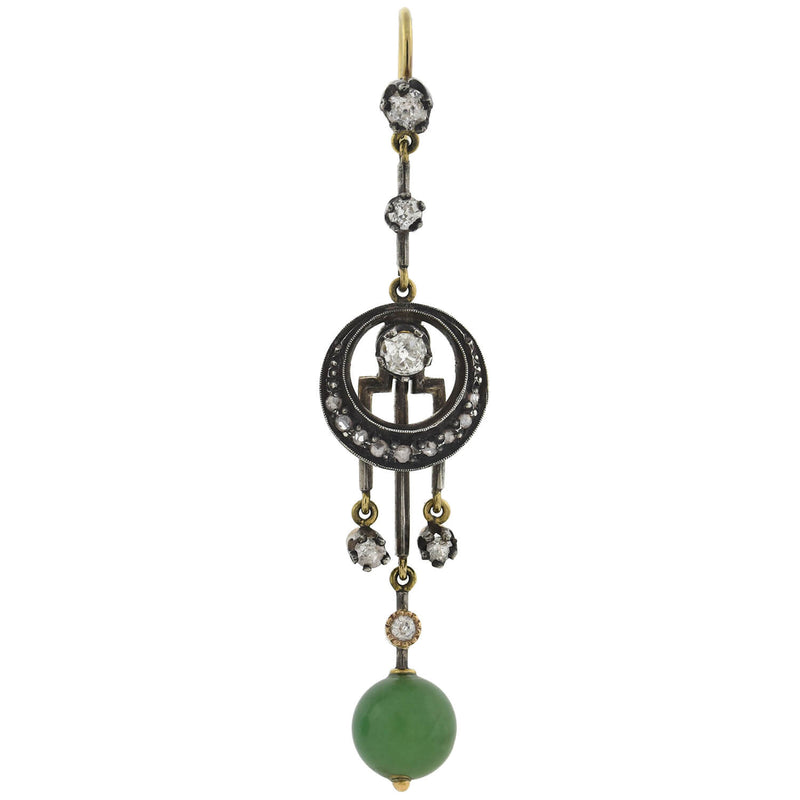 Victorian 14kt/Sterling Dramatic Diamond + Jade Dangle Earrings