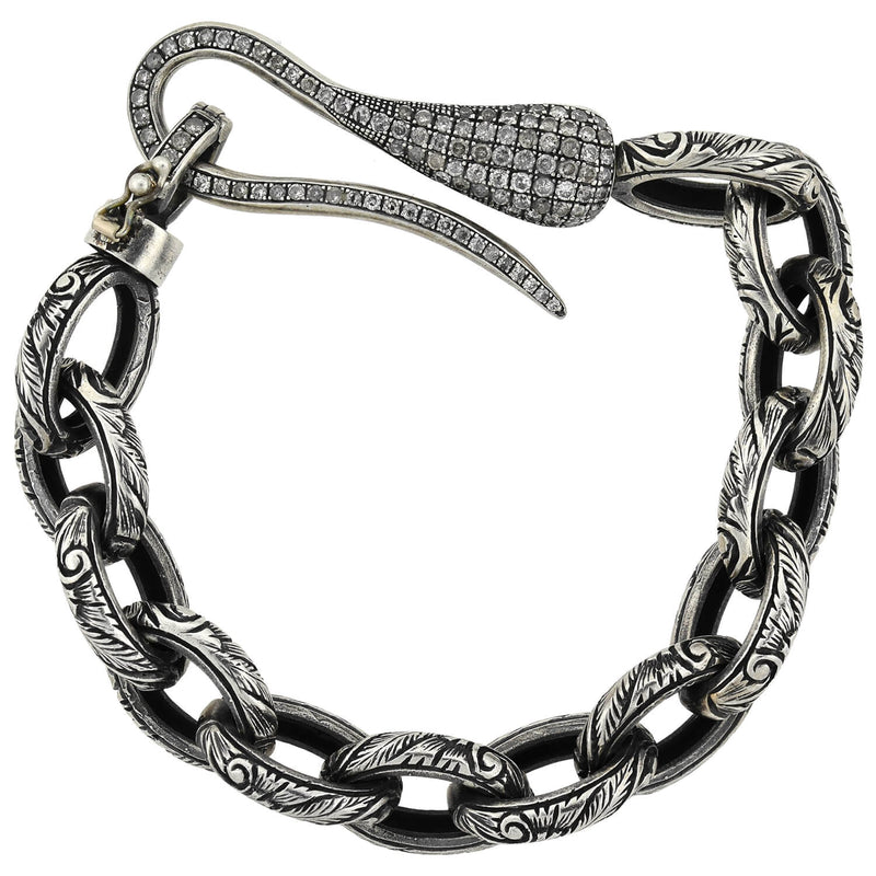 Estate Sterling Textured Link Bracelet + Diamond Hook Clasp