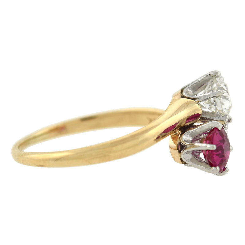 Edwardian 14kt/Platinum "Moi et Toi" Diamond + Pink Sapphire Bypass Ring