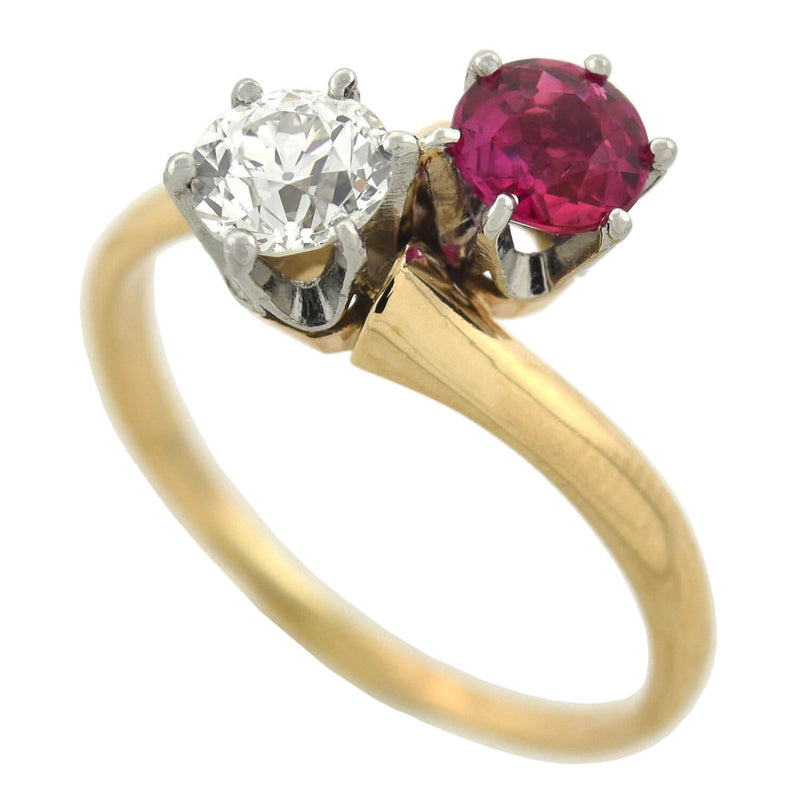 Edwardian 14kt/Platinum "Moi et Toi" Diamond + Pink Sapphire Bypass Ring