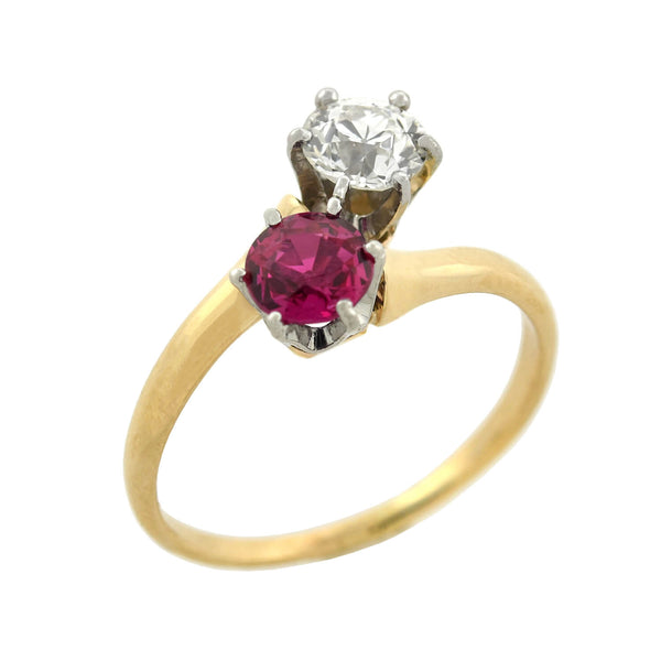 Edwardian 14kt/Platinum "Moi et Toi" Diamond + Pink Sapphire Bypass Ring