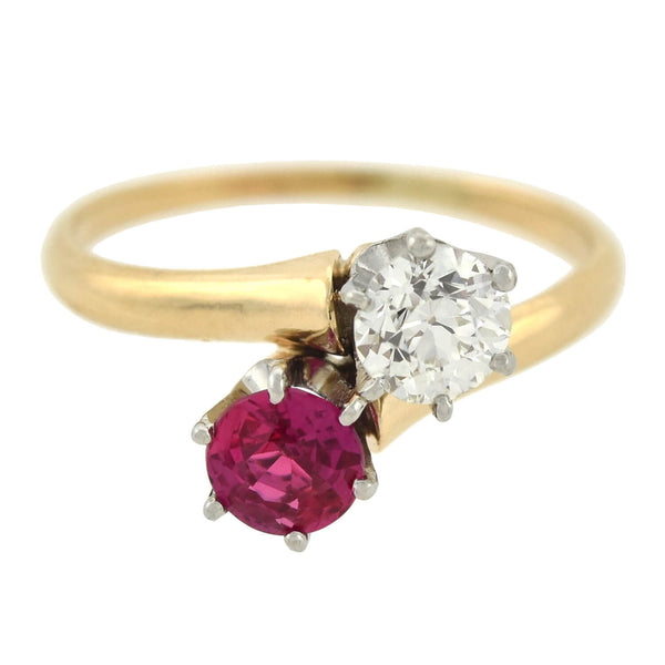 Edwardian 14kt/Platinum "Moi et Toi" Diamond + Pink Sapphire Bypass Ring