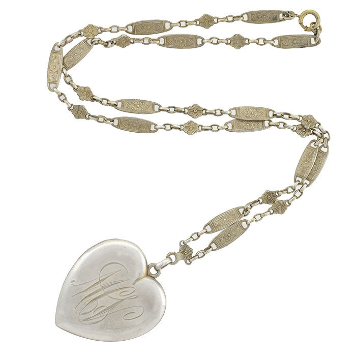Victorian Sterling Silver Heart Locket with Ornate Chain Necklace
