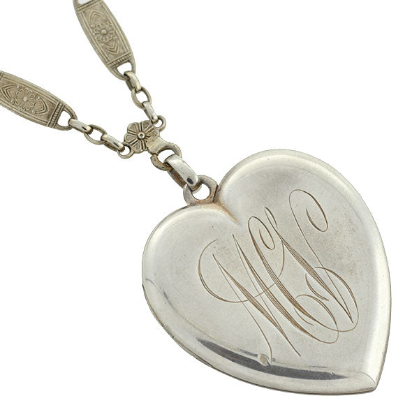 Victorian Sterling Silver Heart Locket with Ornate Chain Necklace