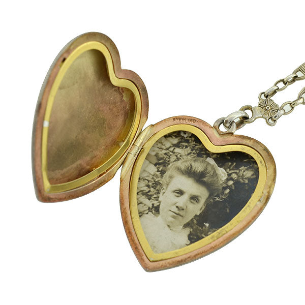 Victorian Sterling Silver Heart Locket with Ornate Chain Necklace