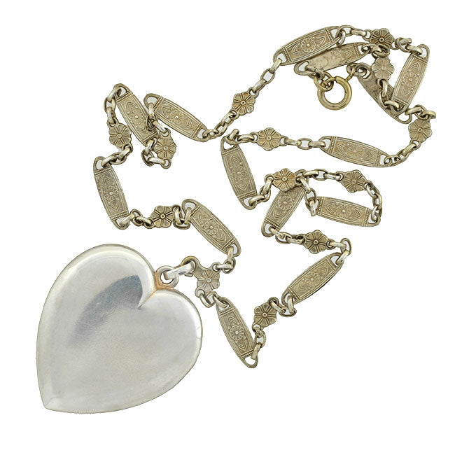 Victorian Sterling Silver Heart Locket with Ornate Chain Necklace
