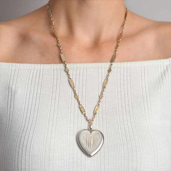Victorian Sterling Silver Heart Locket with Ornate Chain Necklace