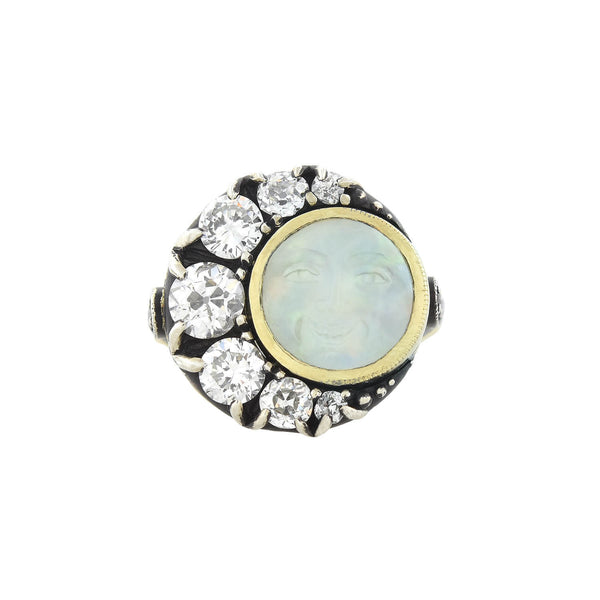 Victorian Custom 18kt/Sterling Diamond + Saphiret Glass Man in the Moon Ring