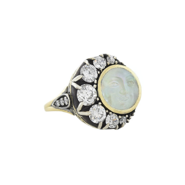 Victorian Custom 18kt/Sterling Diamond + Saphiret Glass Man in the Moon Ring