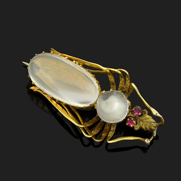 Victorian Silver Gilt Moonstone & Pink Sapphire Bug Pin