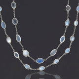 Art Deco Sterling + Moonstone Cabochon Riviera Chain Necklace 47"