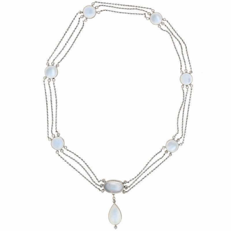 Edwardian Platinum/14kt Blue Moonstone + Rose Cut Diamond Necklace
