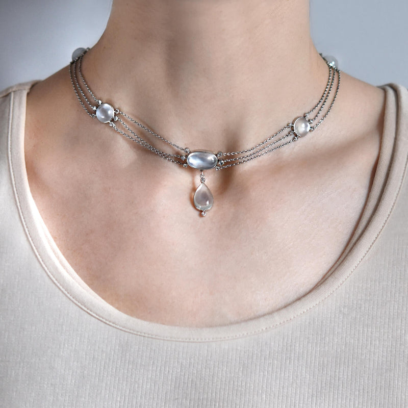 Edwardian Platinum/14kt Blue Moonstone + Rose Cut Diamond Necklace