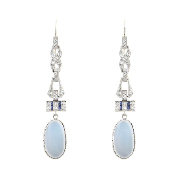Edwardian Platinum + Sterling, Diamond, Sapphire + Moonstone Earrings