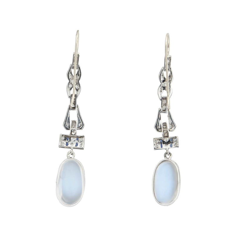 Edwardian Platinum + Sterling, Diamond, Sapphire + Moonstone Earrings